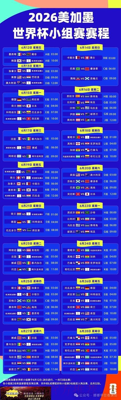 2026世界杯每日赛程详细安排比赛时间表直播平台